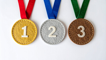 Three handmade felt medals in gold, silver, and bronze, each stitched with numbers 1, 2, and 3, representing victory and achievement in a playful way.