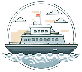 Obraz premium Illustrated large passenger ship sailing on ocean waves under a cloudy sky in a circular frame