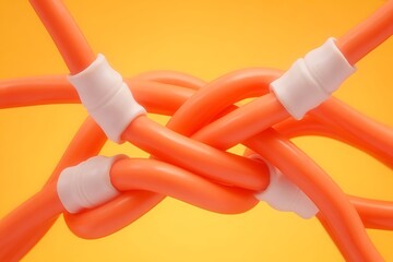 Orange Tubes Intertwined Abstract Composition on Yellow Background Creative Concept.