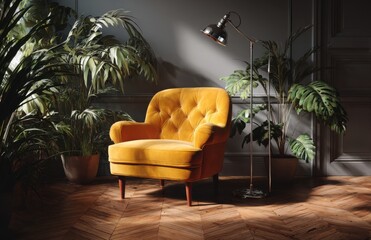 Yellow armchair illuminating modern living room with indoor plants