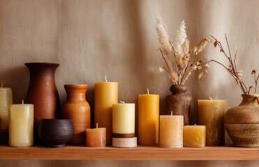 Beeswax candles and ceramic vases creating cozy autumn atmosphere on wooden shelf