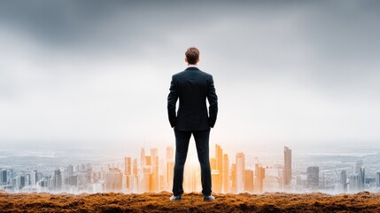 Visionary Outlook: A poised business person, standing atop a high vista, gazes purposefully at a skyline of a modern metropolis, representing ambition. 
