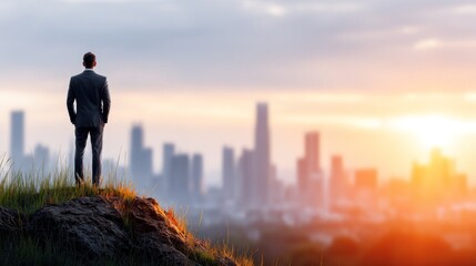 Business Vision: A determined businessperson stands poised atop a hill, gazing out at the city skyline in the distance, symbolizing aspiration and strategic insight.