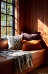 Sunlight illuminating cozy reading nook with cushions and blanket by the window