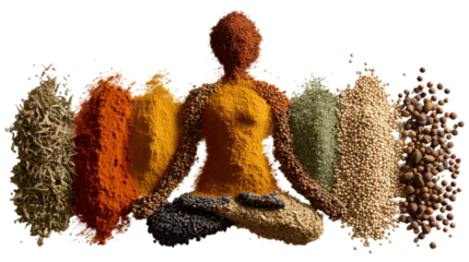Abstract Figure Crafted From Colorful Assorted Spices isolated on transparent background. PNG, cutout.