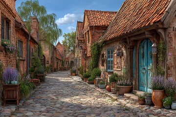 Picturesque cobblestone street with brick buildings and lush flower pots under blue sky.