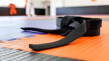 Black Martial Arts Belt on Dojo Mat in Training Space for Karate, Judo, or Taekwondo Practice