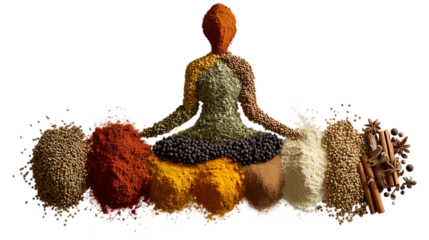 artistic representation depicting seated meditative figure created from various spices in vibrant colors, symbolizing creativity and the culinary arts isolated on transparent background. PNG, cutout.