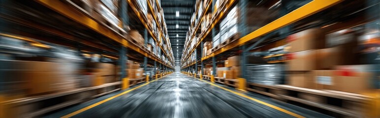 Fast-paced warehouse aisle with motion blur