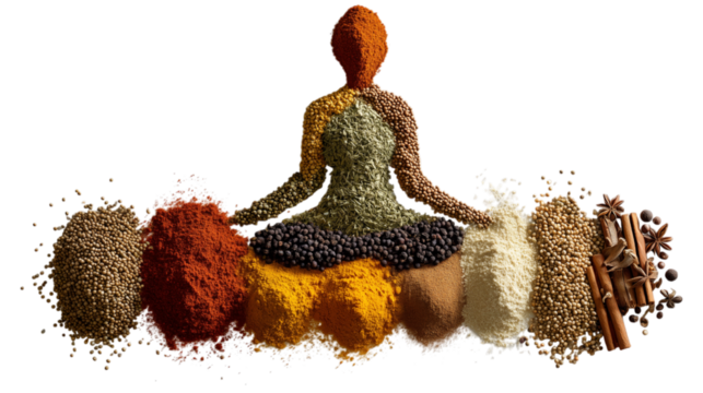 artistic representation depicting seated meditative figure created from various spices in vibrant colors, symbolizing creativity and the culinary arts isolated on transparent background. PNG, cutout.