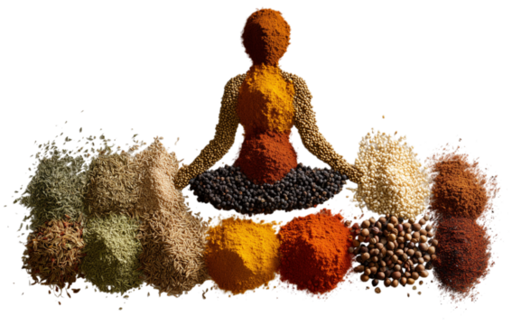 artistic representation depicting seated meditative figure created from various spices in vibrant colors, symbolizing creativity and the culinary arts isolated on transparent background. PNG, cutout.