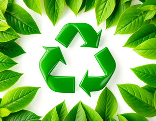 Green recycling symbol surrounded by fresh green leaves