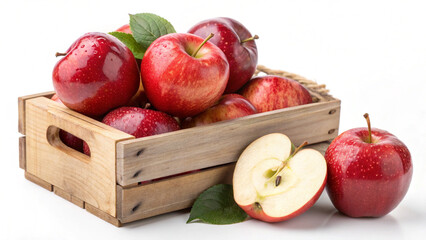 Red Apple in wooden crate and apple slice in white background