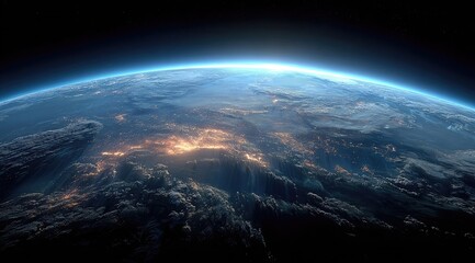 Obraz premium Earth's curve, city lights at night, sunrise