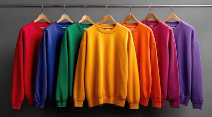 Seven colorful crewneck sweatshirts hang on wooden hangers against a gray background