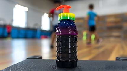 Colorful Sports Water Bottle with Pump Cap on a Gym Background for Active Lifestyle Promotion