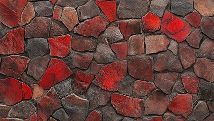 Close up of a rustic stone wall with vibrant red and earthy brown irregular shaped natural stones