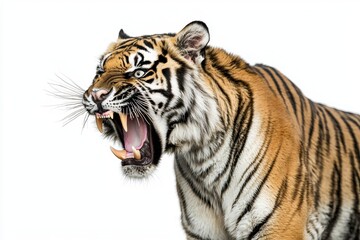 Naklejka premium Snarling Sumatran Tiger on White Background