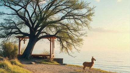 Charming scene featuring a serene lakeside view with a large tree and a gazebo, accompanied by a curious deer grazing near the water's edge