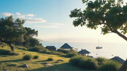 Serene coastal view showcasing lush greenery, thatched gazebos, and a sailboat anchored in calm waters, illuminated by soft morning light