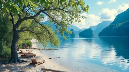 Tranquil lakeside scene featuring a calm, reflective body of water surrounded by mountains, with a tree providing shade and wooden loungers on the sandy shore