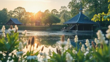 Charming lakeside scene showcasing a rustic pavilion beside calm waters, surrounded by lush greenery and blooming flowers, illuminated by the soft glow of sunrise