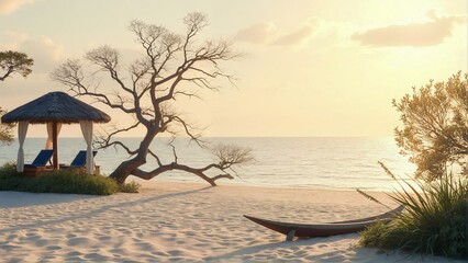 Serene beach scene featuring a thatched gazebo with lounge chairs, a solitary tree reaching over soft sands, and gentle waves reflecting the warm hues of sunset