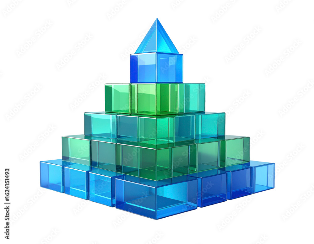 Poster transparent blue and green geometric pyramid structure with cubed blocks in a studio isolated transp
