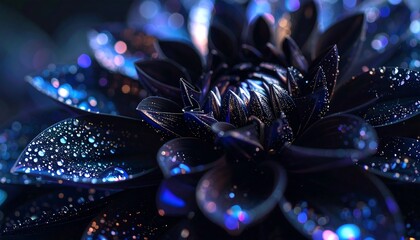 Mystical Black Dahlia Closeup Sparkling Dewdrops with Bokeh, and Dark  Elegant.