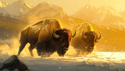 Majestic bison herd navigating a snowy winter landscape under golden hour sunlight