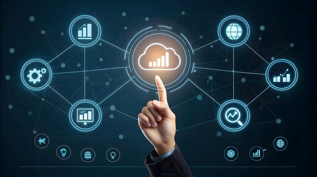 Hand touching cloud network with data icons cloud computing
