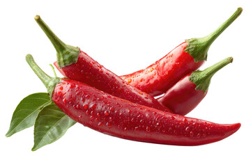Close-up of three red chili peppers with water droplets