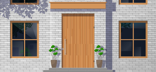 modern white brick house facade with wooden entrance door and windows potted plants exterior front view vector illustration