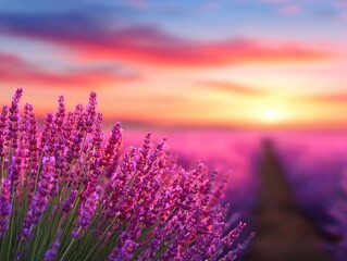 Fototapeta premium Vibrant lavender field against a stunning sunset sky.