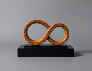 Wooden infinity symbol sculpture on black pedestal