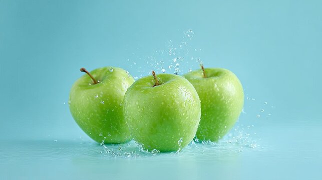 Fresh green apples splashed with water on a blue background. - Powered by Adobe