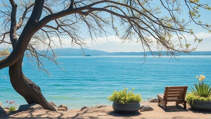 Inviting coastal scene featuring a wooden chair positioned near the shoreline, surrounded by vibrant plants and framed by a large tree