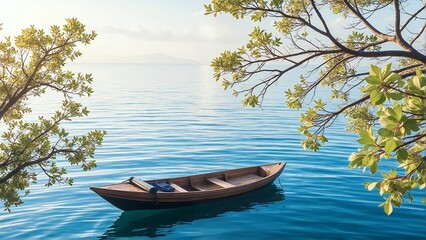 Serene waterscape featuring a solitary wooden boat gently floating in calm turquoise waters, framed by lush green tree branches
