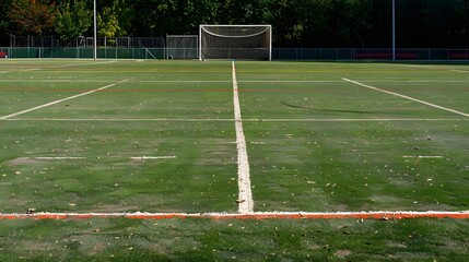 Empty Soccer Field with Goal and Overgrown Grass on a Sunny Day in Outdoor Sports Complex