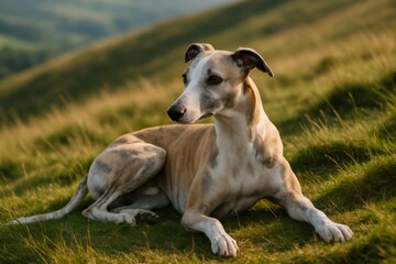 Fototapeta premium Whippet resting on grassy meadow, basking in golden sunset light, relaxed pose with serene distant gaze