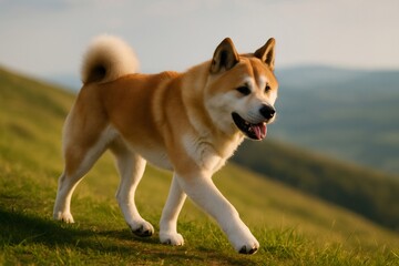 Akita inu playfully roaming verdant lawn, basking in golden sunlight and embracing carefree summer moments with pure canine happiness