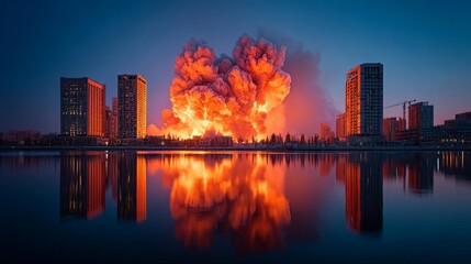 Fototapeta premium Vivid city skyline reflecting a dramatic explosion at dusk.