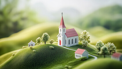 Charming miniature church and houses nestled on lush green rolling hills under a soft hazy sky