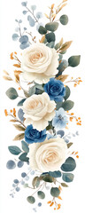 Elegant watercolor floral arrangement featuring cream roses and deep blue flowers with eucalyptus leaves