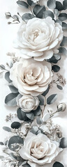 Soft focus pastel roses and eucalyptus leaves arranged in a vertical floral pattern on white background