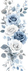 Elegant arrangement of muted blue and white roses with eucalyptus leaves on a white background