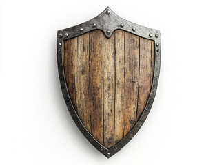 Ancient wooden medieval shield with metal edging isolated on a white background