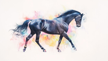 Majestic black horse captures attention with flowing mane and tail against a vibrant watercolor splash