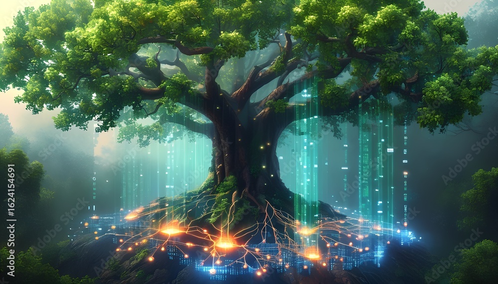 Poster majestic ancient tree with glowing roots intertwined with futuristic digital data streams and circui