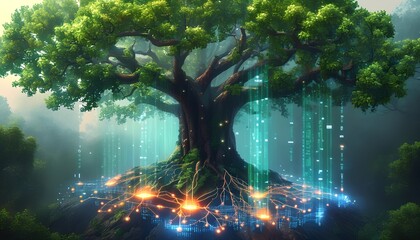 Majestic ancient tree with glowing roots intertwined with futuristic digital data streams and circuits symbolizing the fusion of nature and technology in a mystical forest setting